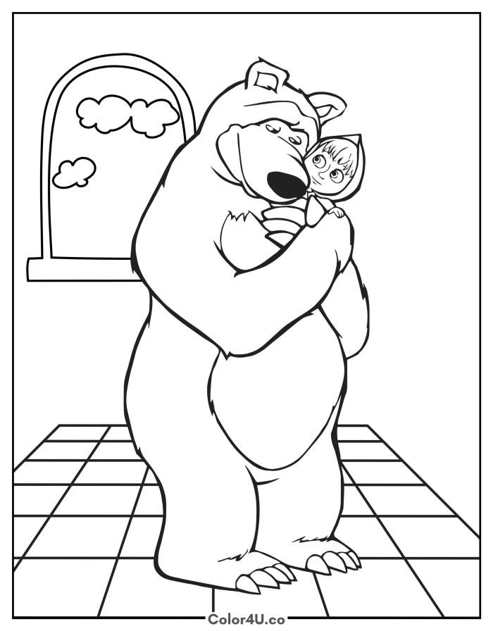 Masha and the Bear hugging indoors, medium Masha and the Bear coloring page, free printable