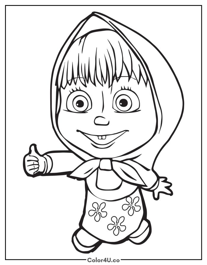 Masha smiling with a thumbs up, easy Masha and the Bear coloring page, free printable