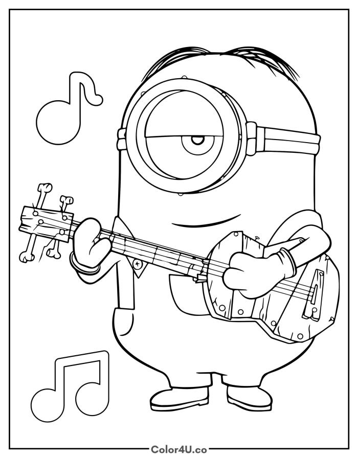 Stuart the Minion playing guitar, medium Minions coloring page, free printable