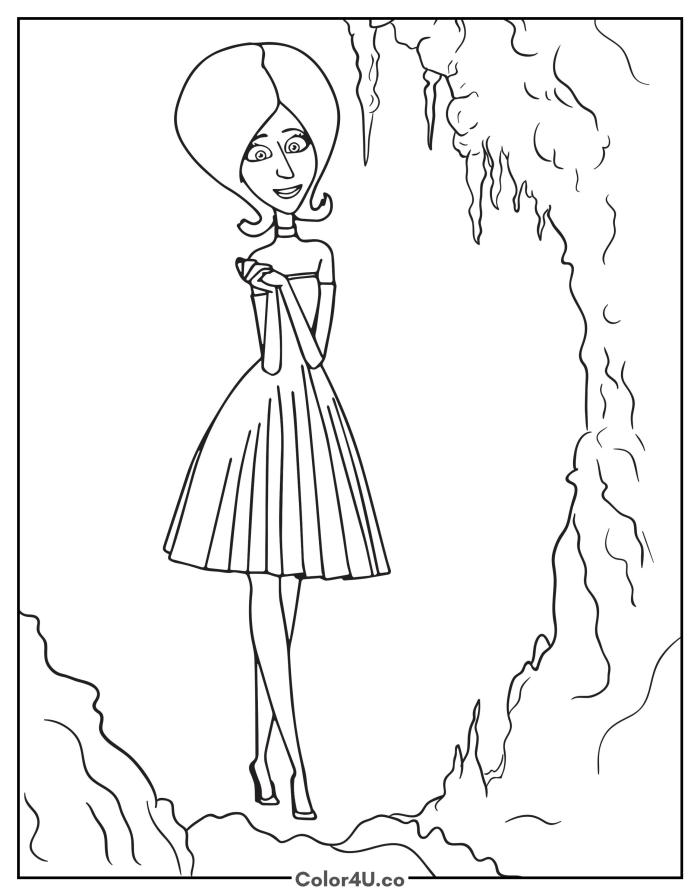 Scarlet Overkill in a cave, medium Minions coloring page, free printable