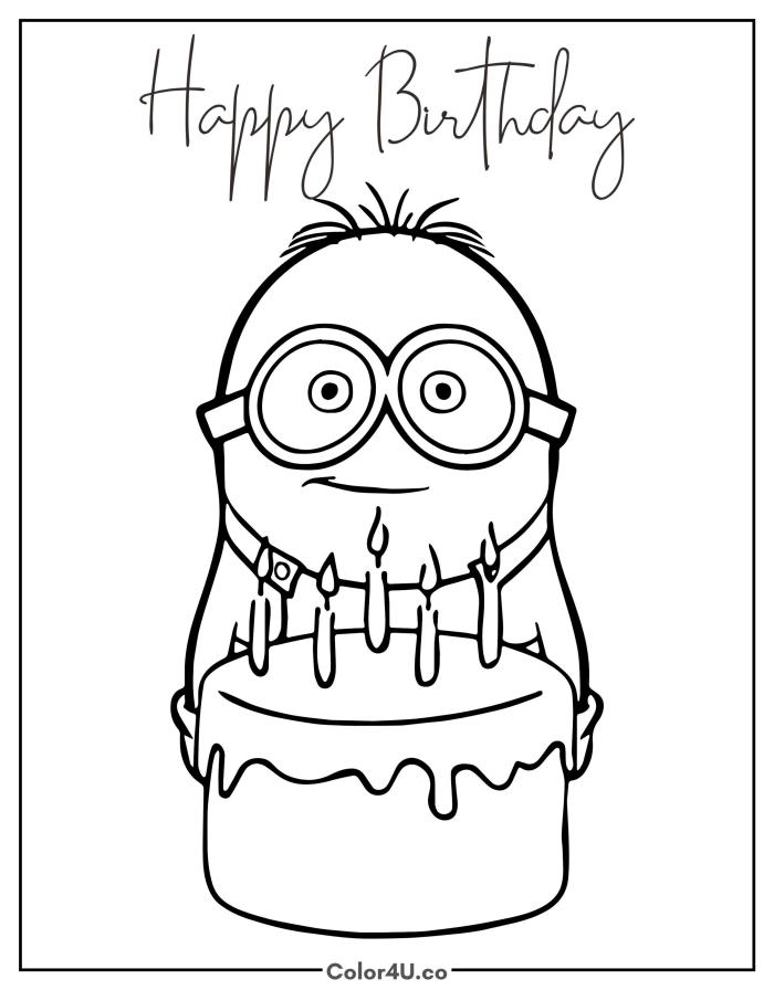 Minion holding a birthday cake with candles, medium Minions coloring page, free printable