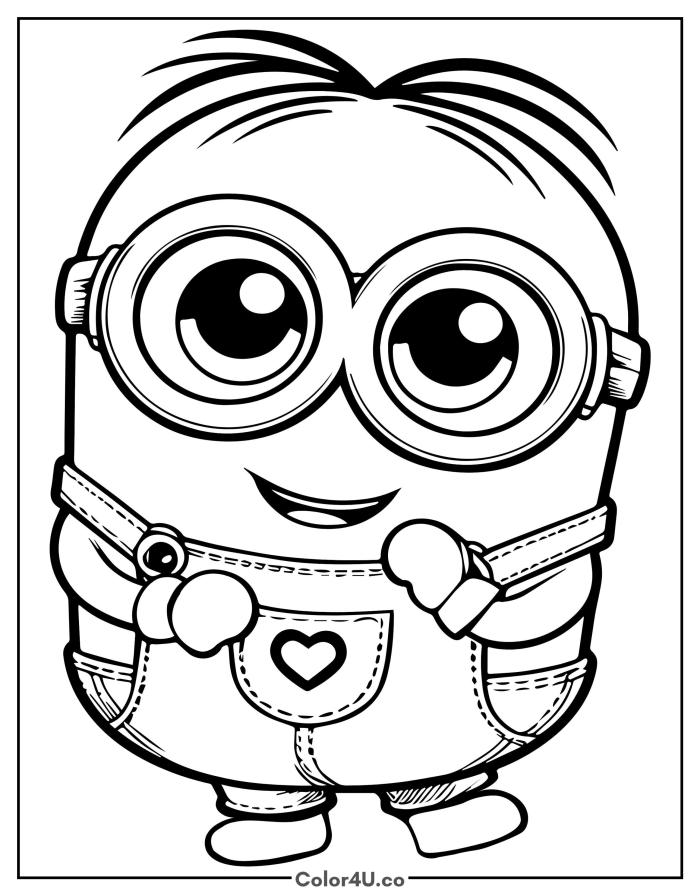 Close-up Minion holding a heart with large expressive eyes, medium Minions coloring page, free printable