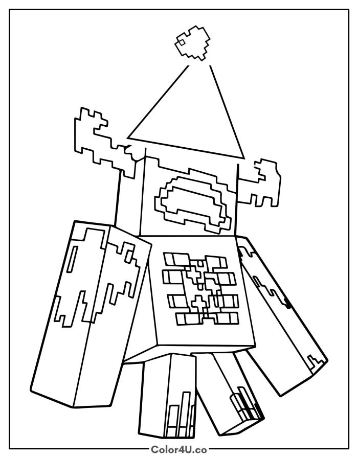 Minecraft character in a Christmas hat with pixel sweater design, detailed coloring page, free printable
