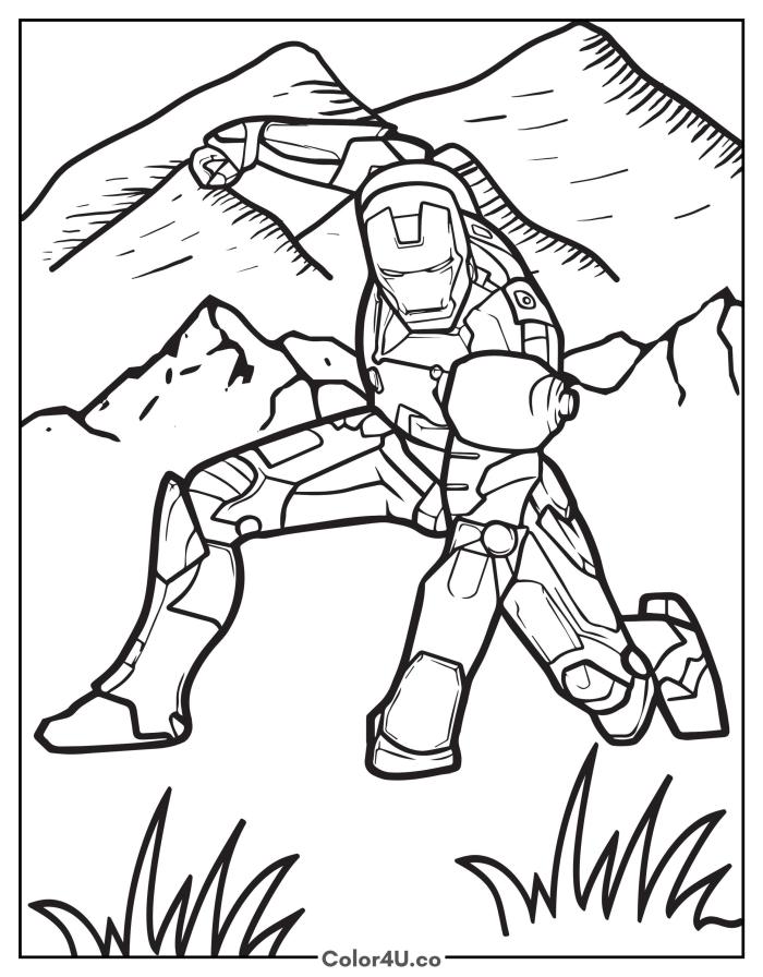 Iron Man punching the ground in combat stance, detailed Marvel coloring page, free printable