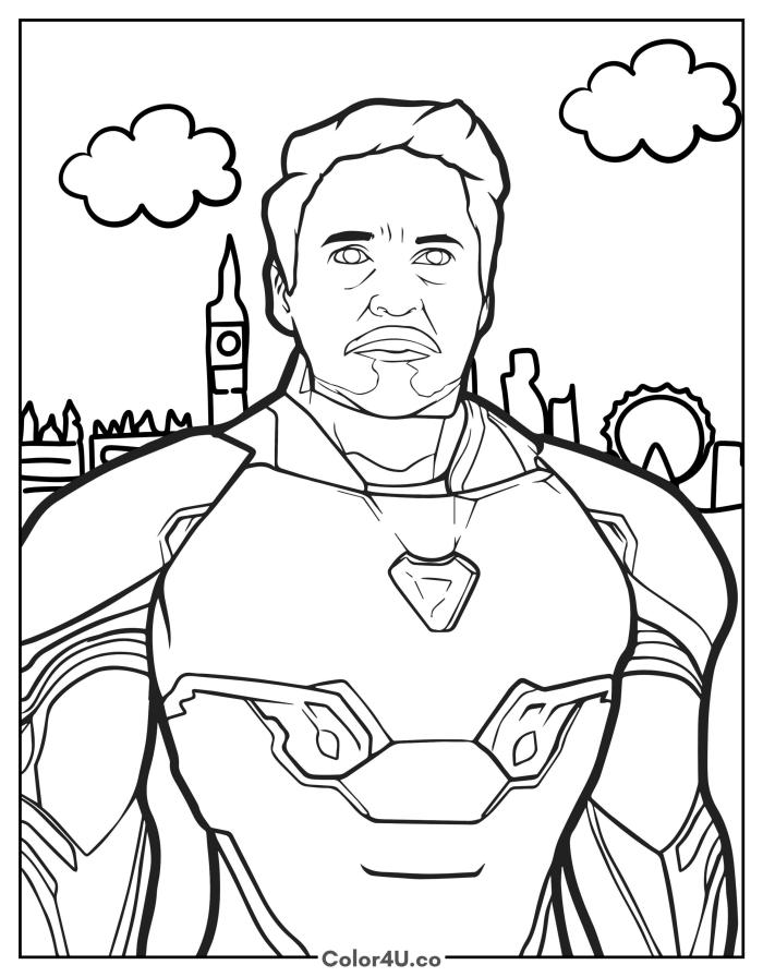 Tony Stark in Iron Man suit without helmet, medium Marvel coloring page, free printable