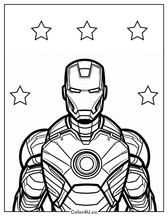 Iron Man suit portrait with stars, medium Marvel coloring page, free printable