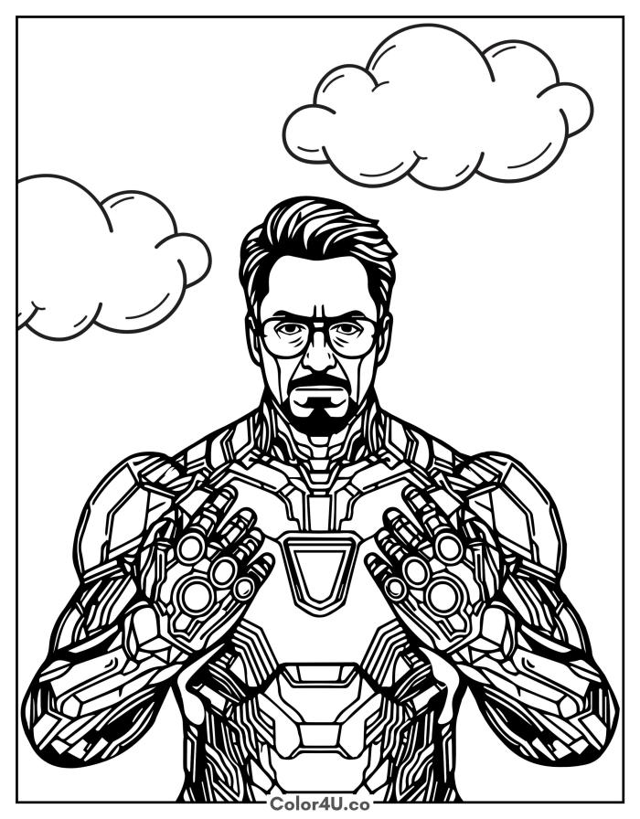 Tony Stark in Iron Man suit raising hands, detailed Marvel coloring page, free printable