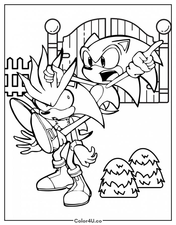 Sonic and Silver the Hedgehog in a standoff, detailed Sonic the Hedgehog coloring page, free printable