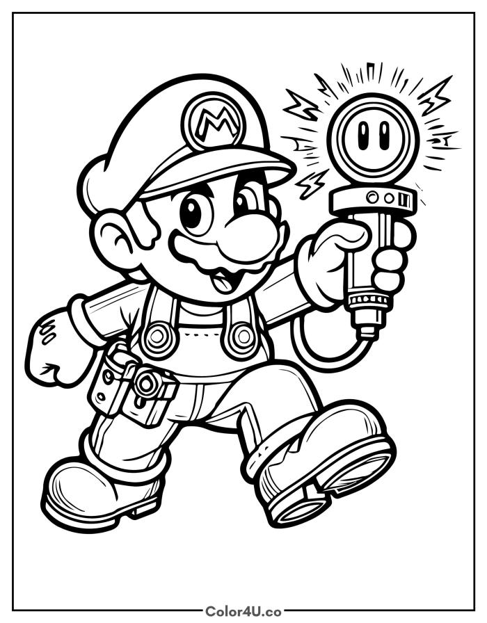 Mario running with a glowing lightbulb, medium Super Mario coloring page, free printable