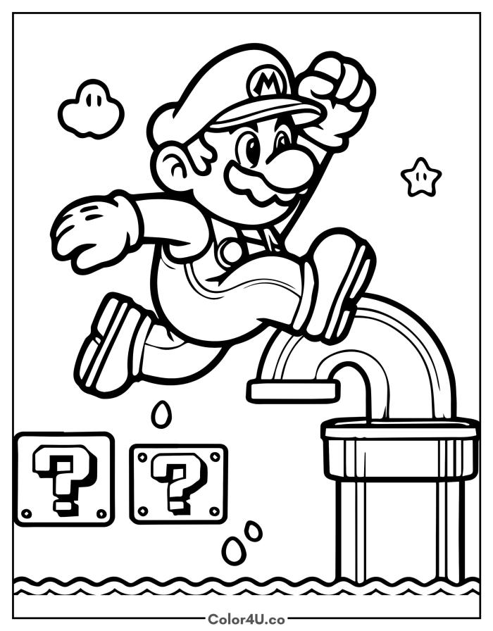 Mario jumping over a warp pipe with question blocks, medium Super Mario coloring page, free printable