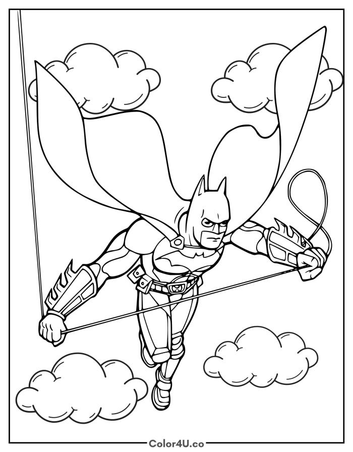 Batman soaring through clouds with grappling hook, medium DC Batman coloring page, free printable