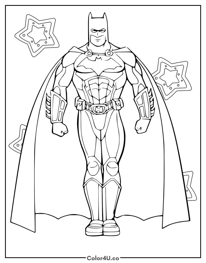 Batman in full armor surrounded by star shapes, medium DC Batman coloring page, free printable