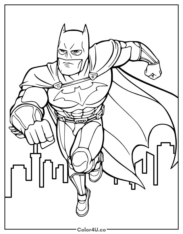 Batman running with clenched fist, city skyline behind, medium DC coloring page, free printable