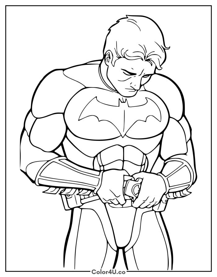 Batman without mask adjusting belt gadget, medium DC Batman coloring page, free printable