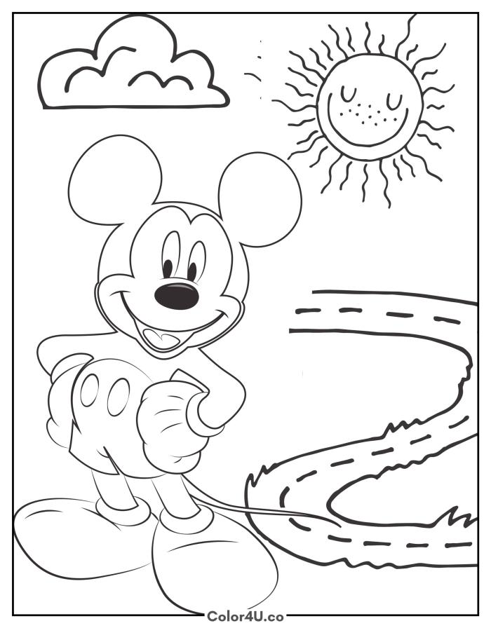 Mickey Mouse walking down a winding road on a sunny day, easy Disney coloring page, free printable