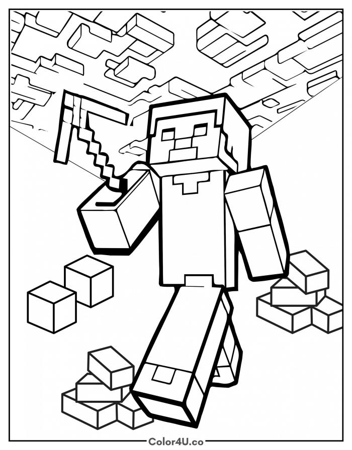 Steve charging with a sword, scattered blocks and cave ceiling, detailed Minecraft coloring page, free printable