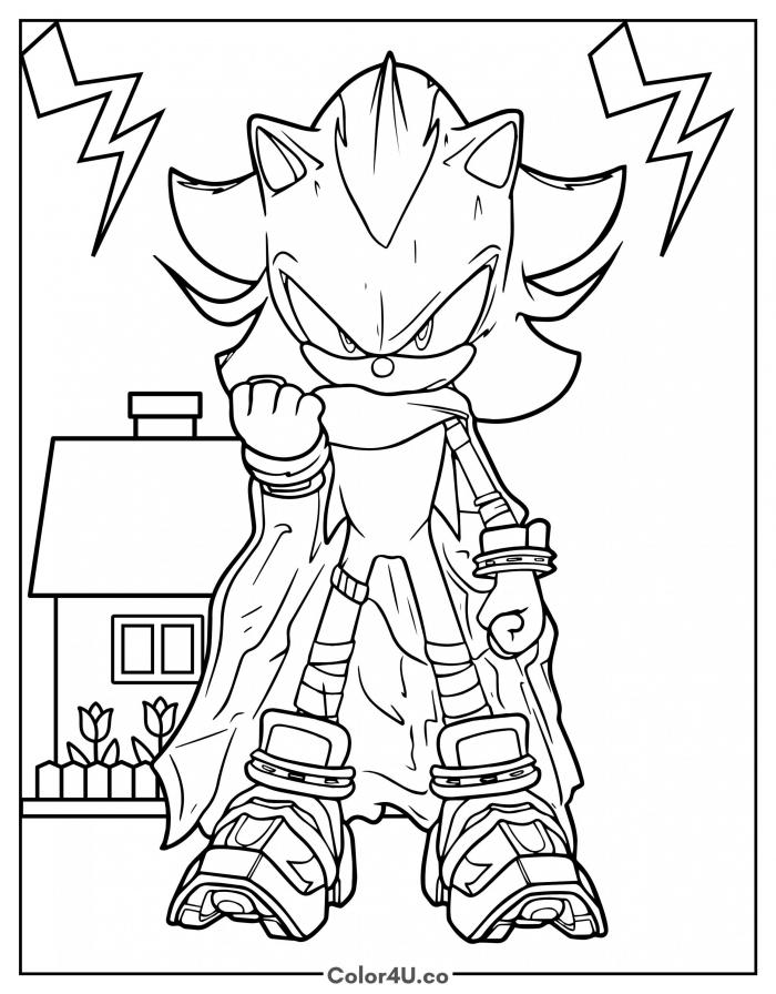 Shadow in a superhero cape with lightning bolts, detailed Sonic the Hedgehog coloring page, free printable