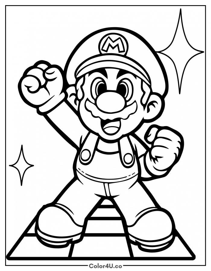 Mario in a victory pose on a checkered stage with sparkles, medium Super Mario coloring page, free printable