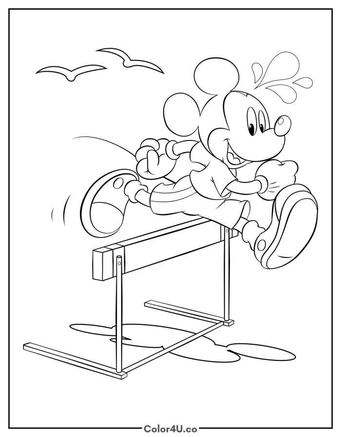 Mickey Mouse leaping over a track hurdle, medium Disney coloring page, free printable