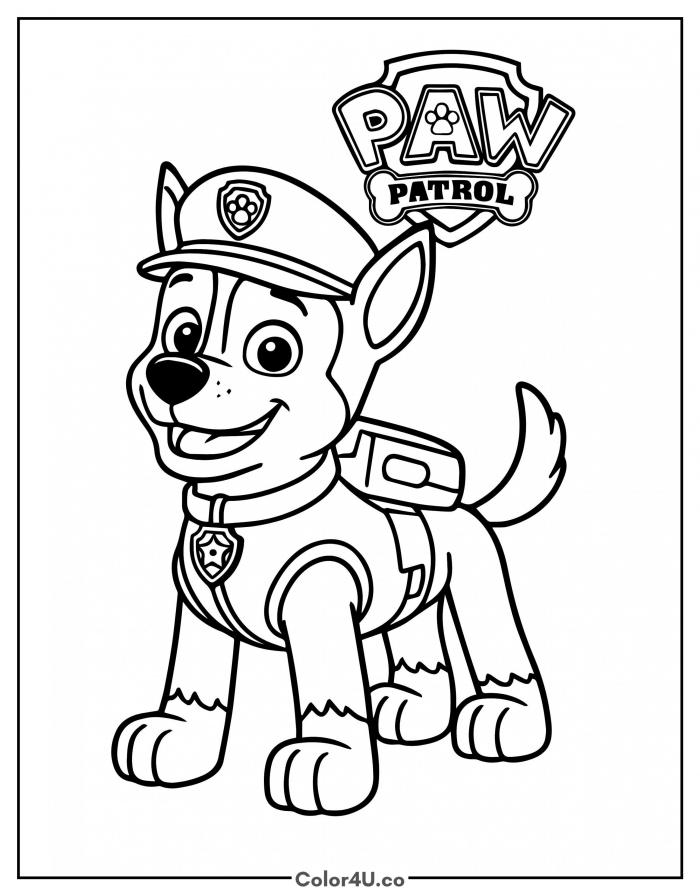 Officer Chase standing in police uniform with PAW Patrol logo, easy coloring page, free printable