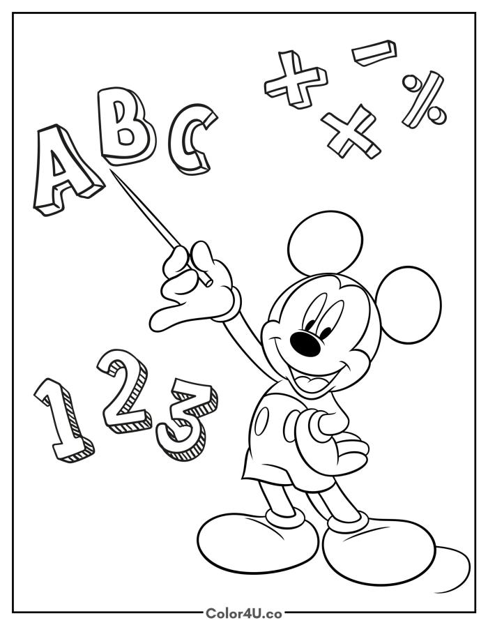 Mickey Mouse pointing at ABC letters and 123 numbers, medium Disney coloring page, free printable