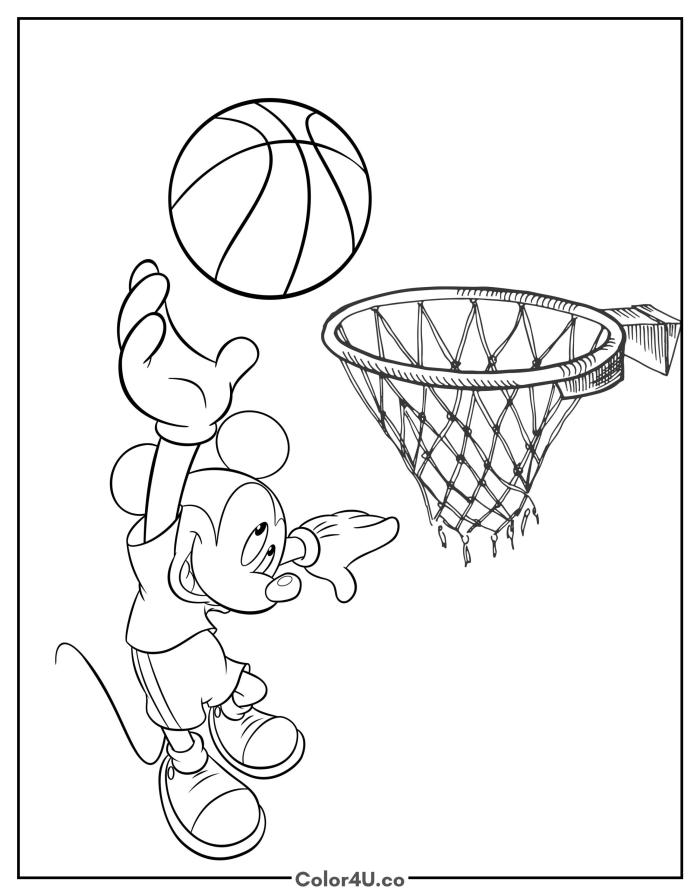 Mickey Mouse shooting a basketball at a hoop, medium Disney coloring page, free printable
