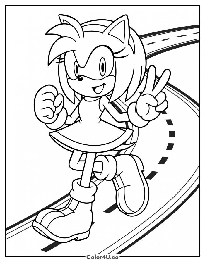 Amy Rose running down a road with a peace sign, medium Sonic the Hedgehog coloring page, free printable