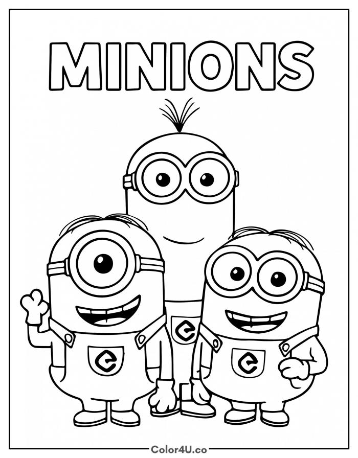Kevin, Stuart and Bob Minions together with title, medium coloring page, free printable