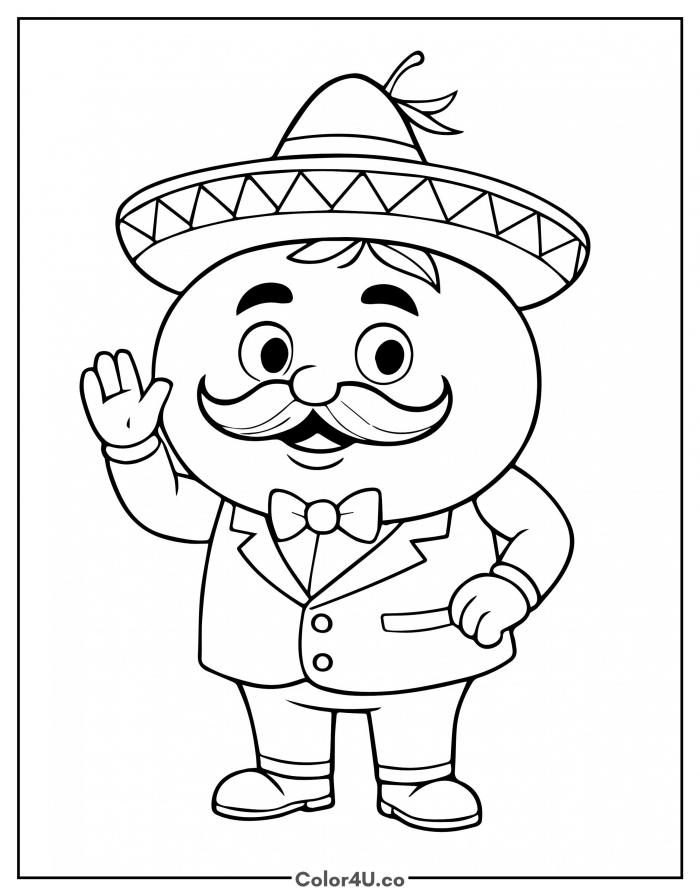 Cartoon tomato in a sombrero waving hello, medium tomato coloring page, free printable