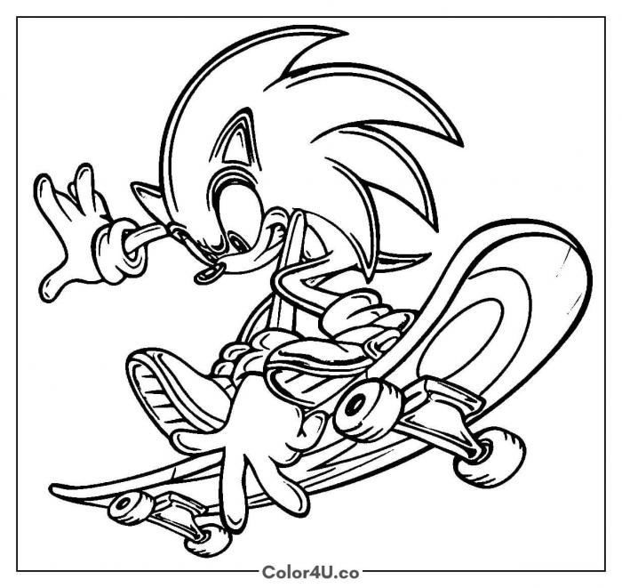 Sonic riding a skateboard mid-trick, medium Sonic the Hedgehog coloring page, free printable