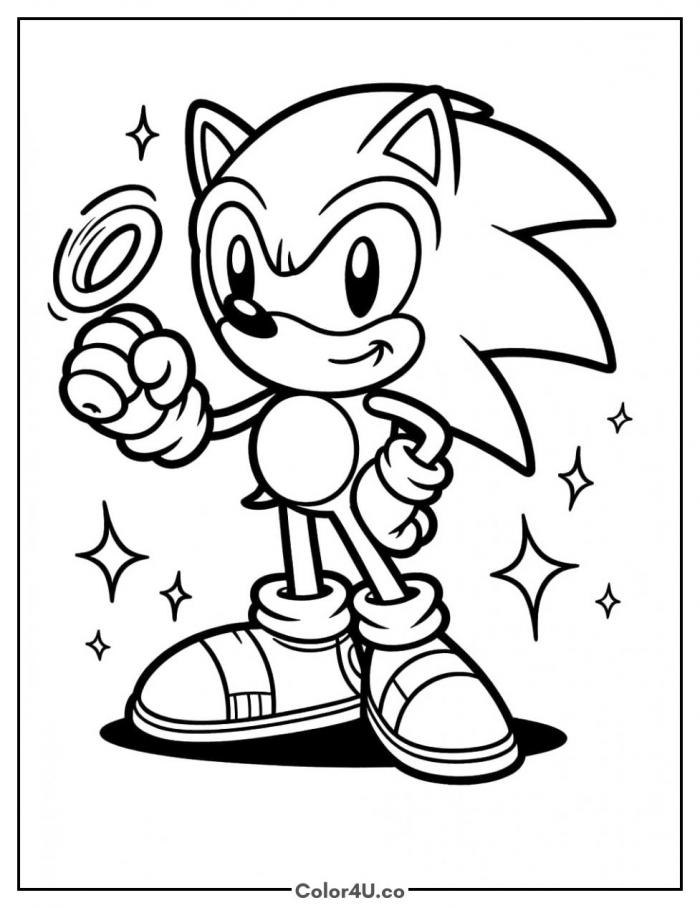 Sonic the Hedgehog holding a gold ring with sparkles, medium Sonic the Hedgehog coloring page, free printable