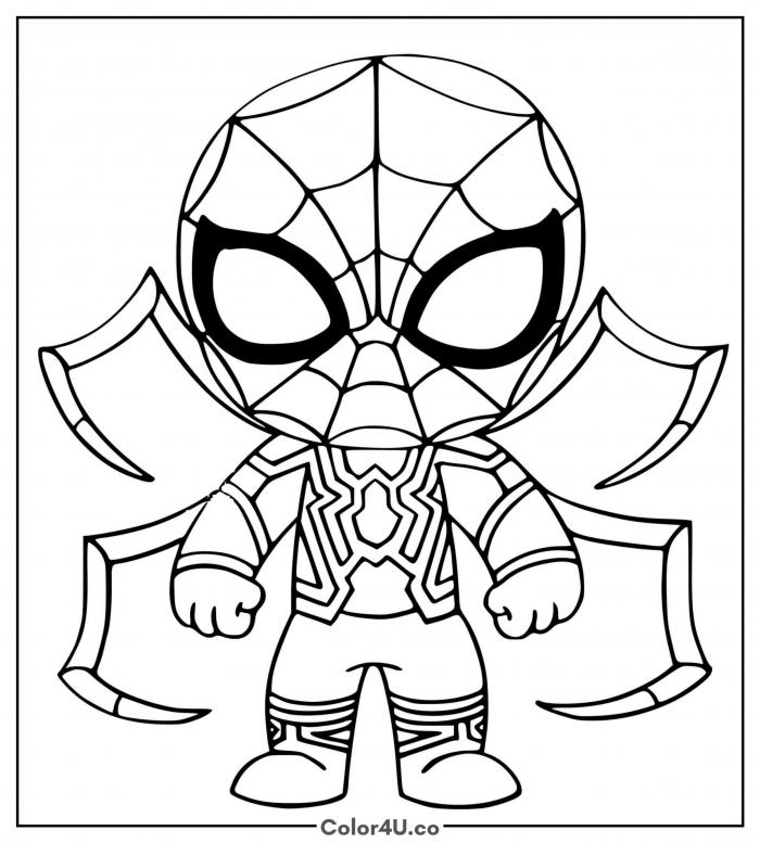 Chibi Spider-Man in Iron Spider suit with wing-arms spread, medium coloring page, free printable