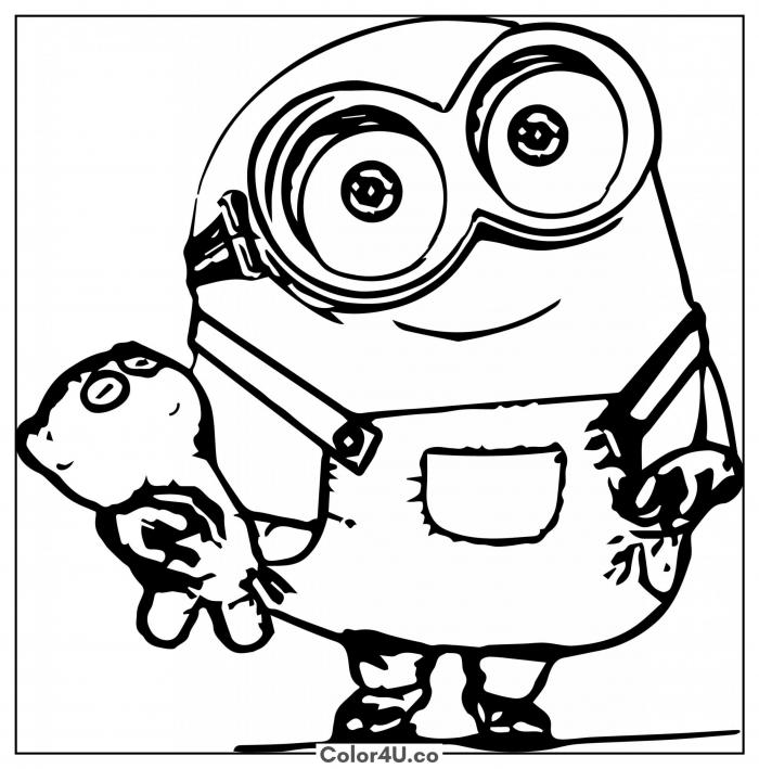 Bob the Minion holding a teddy bear, easy Minions coloring page, free printable