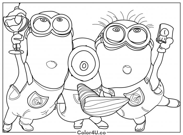 Three Minions celebrating at a party with trophy and party horn, medium coloring page, free printable