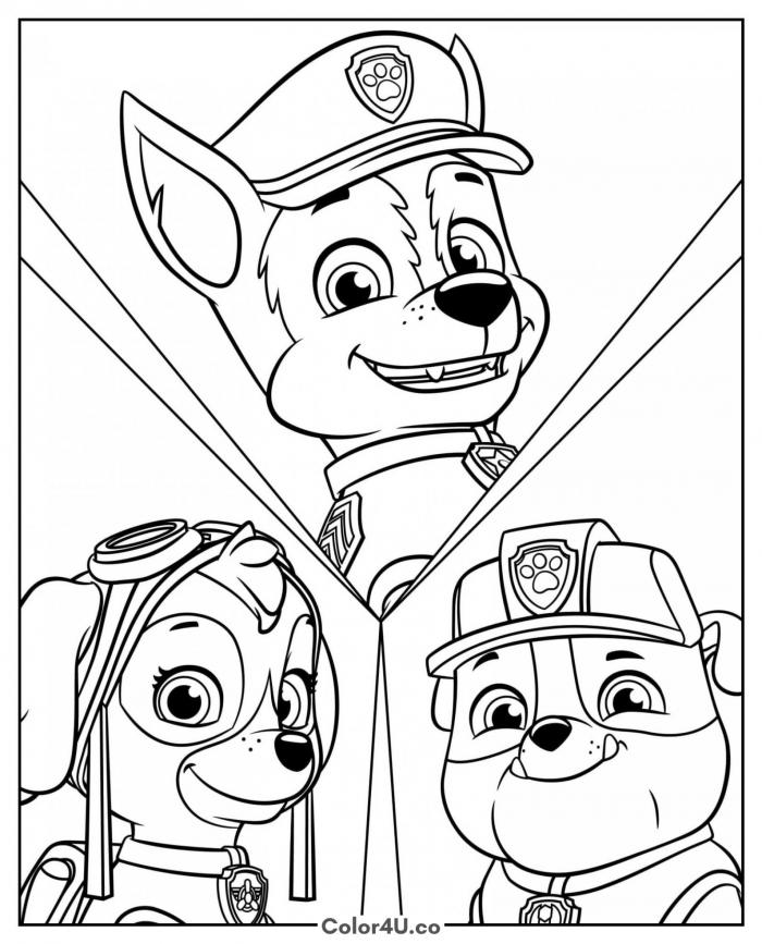 Chase, Skye, and Rubble team portrait, medium Paw Patrol coloring page, free printable