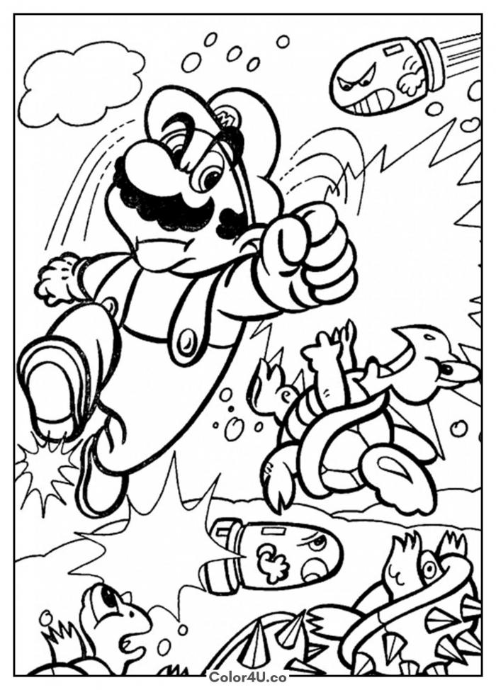 Mario Jumping Through Enemies Coloring Page