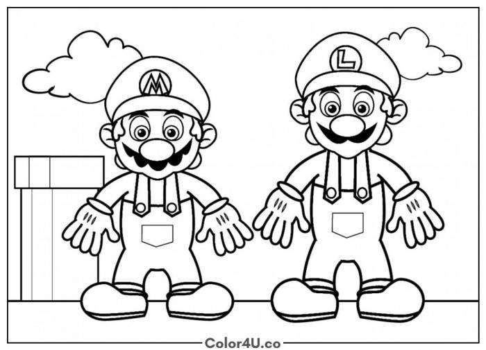 Mario and Luigi Standing Together Coloring Page