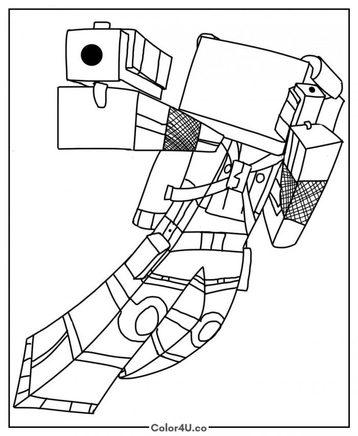 Blocky armored Minecraft adventurer in action pose, detailed coloring page, free printable