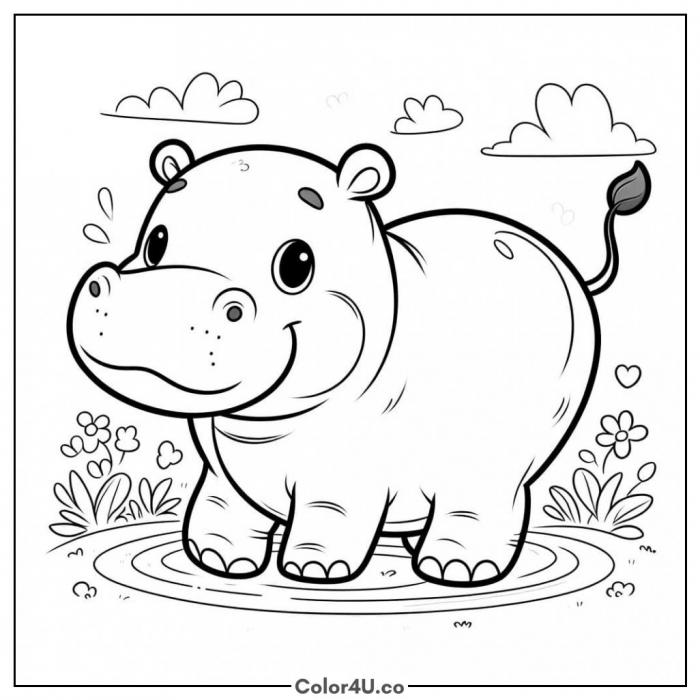 Kawaii baby hippo in a flower pond, medium hippo coloring page, free printable