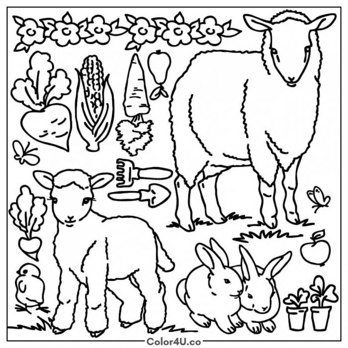 Farm Animals and Garden Items Coloring Page