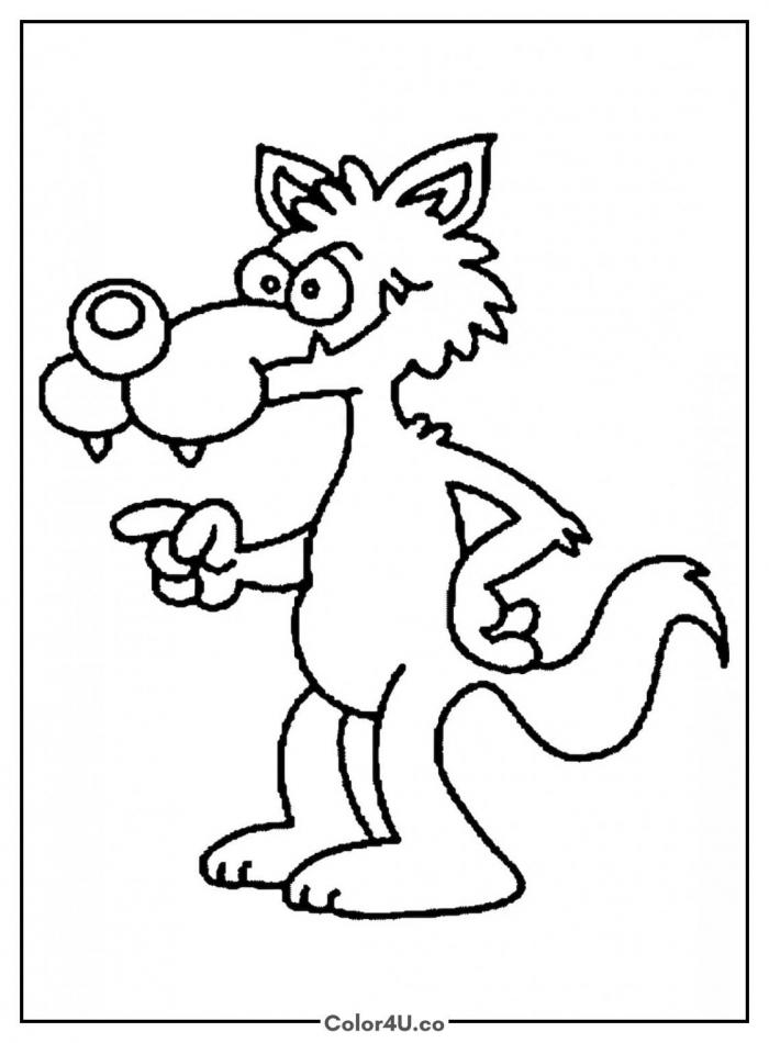 Cartoon wolf standing upright and pointing with a scheming expression, easy wolf coloring page, free printable