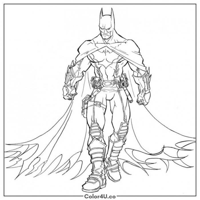 Batman in detailed Arkham-style tactical armor, detailed DC Batman coloring page, free printable