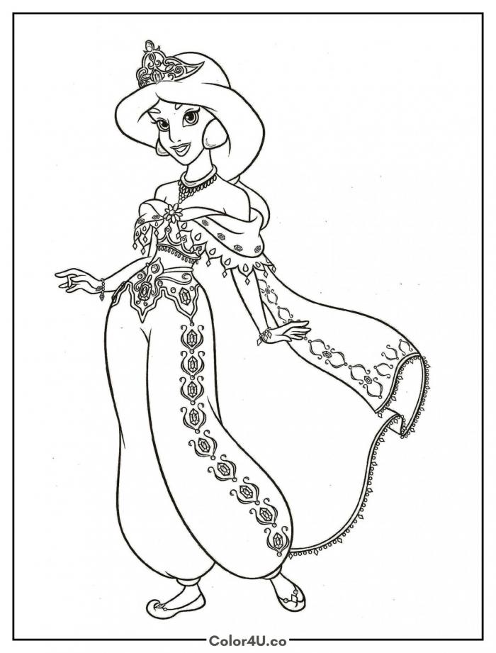 Princess Jasmine in Jewel-Decorated Costume Coloring Page
