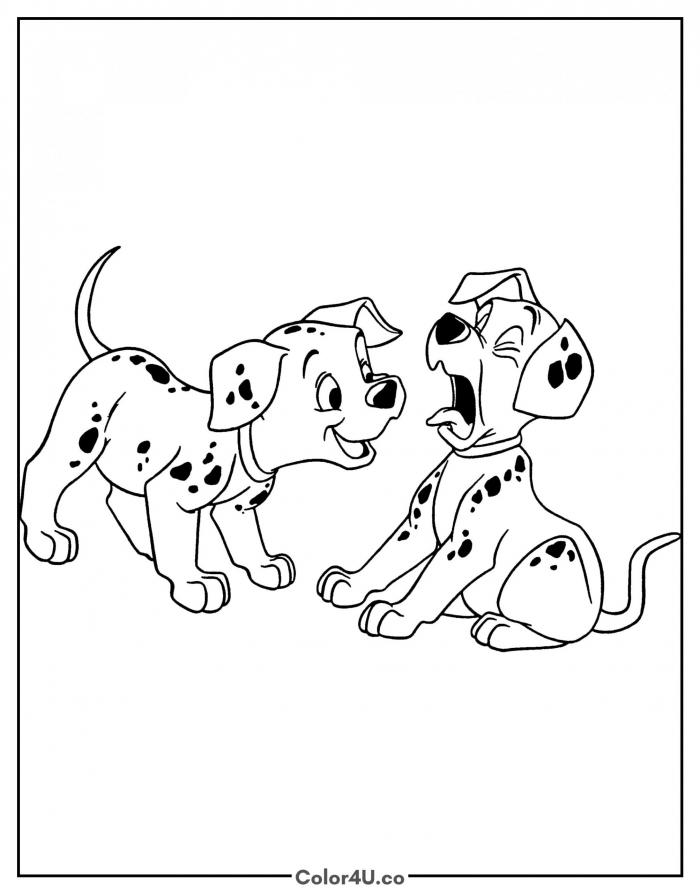 Two Dalmatian puppies facing each other, easy 101 Dalmatians coloring page, free printable
