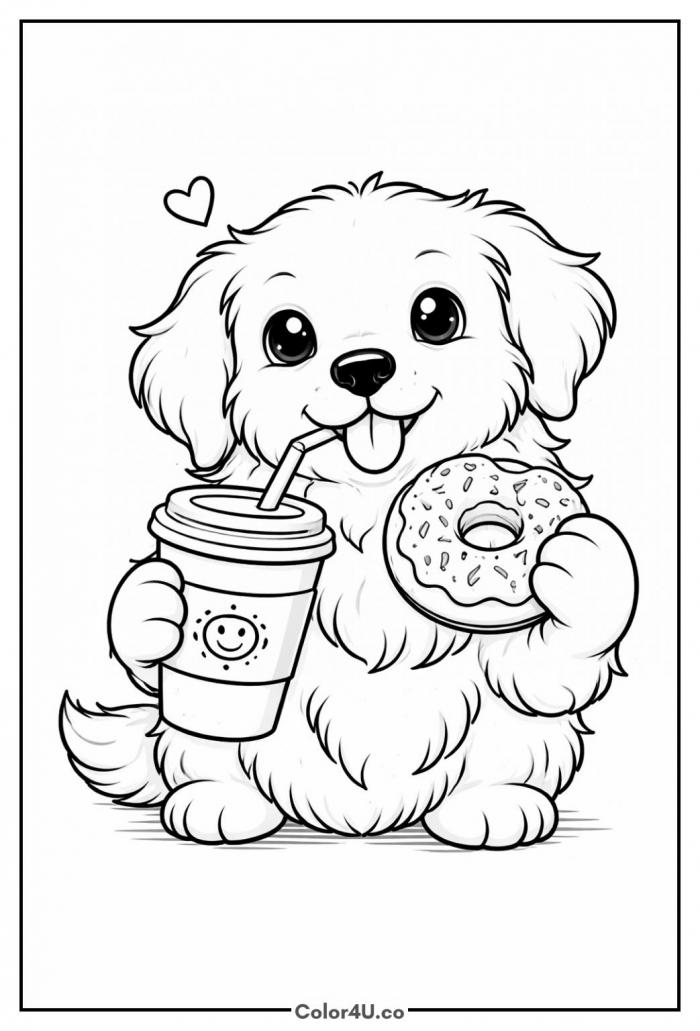 Cute Dog Drinking Coffee And Eating A Donut Coloring Page