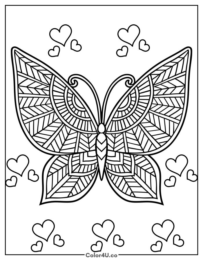 Geometric butterfly with hearts, detailed butterfly coloring page, free printable