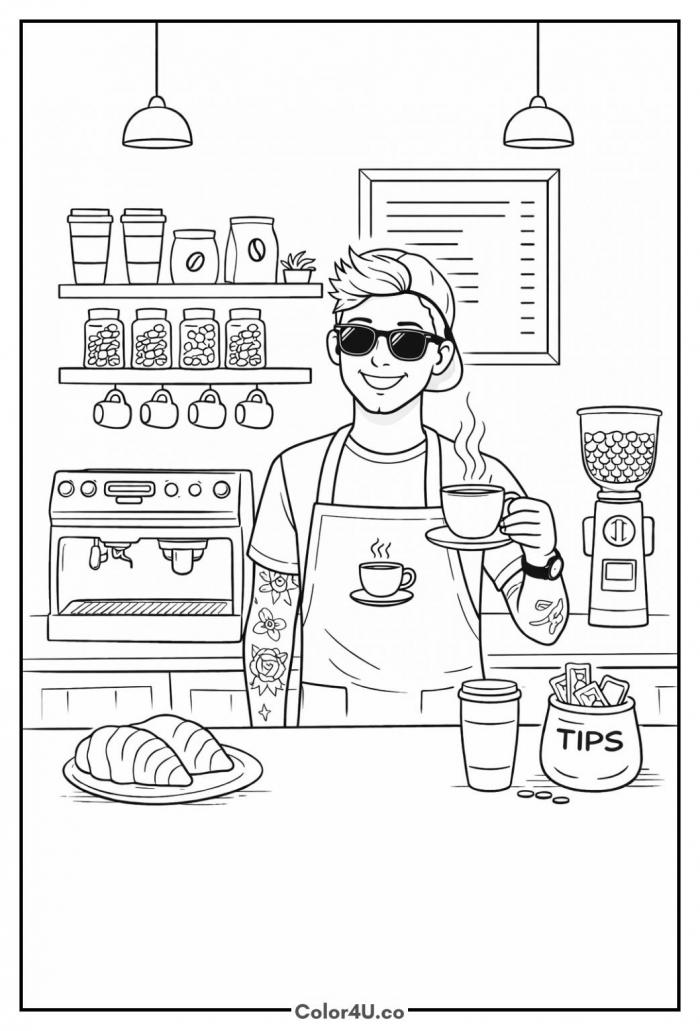 Barista Behind The Counter Coloring Page