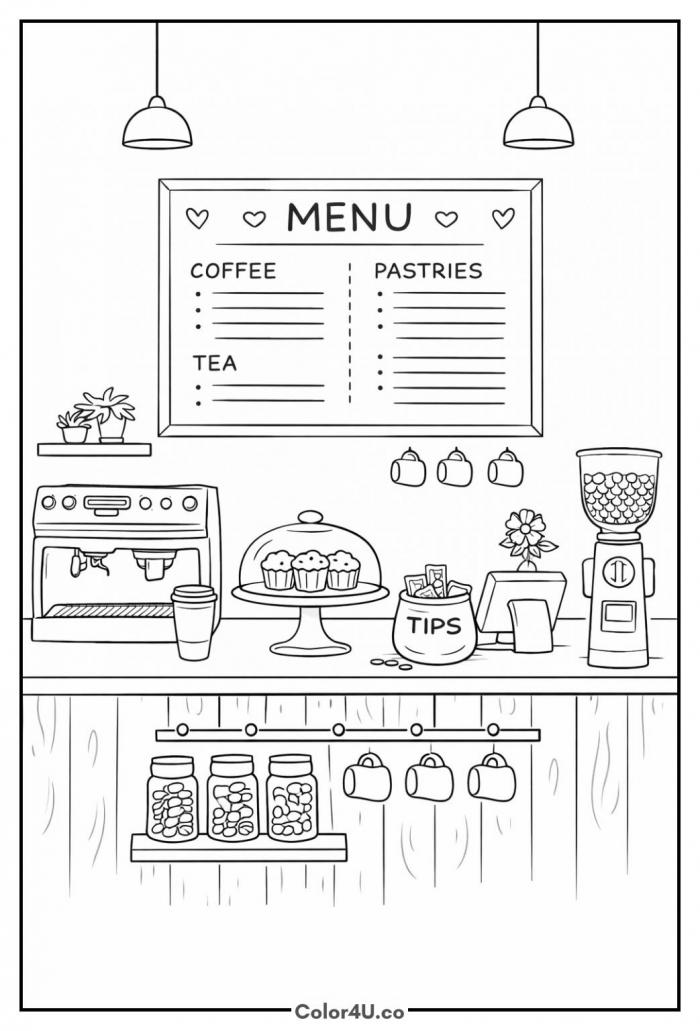 Coffee Shop Interior With Counter Coloring Page