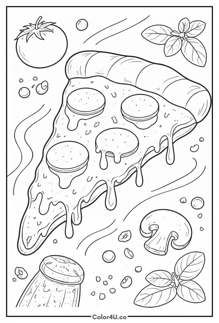 Pepperoni Pizza Slice with Melted Cheese and Toppings Coloring Page