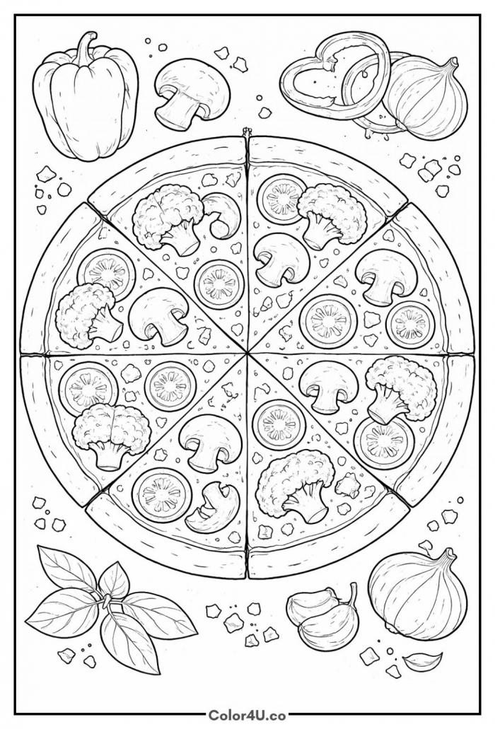 Vegetable Pizza With Toppings Coloring Page
